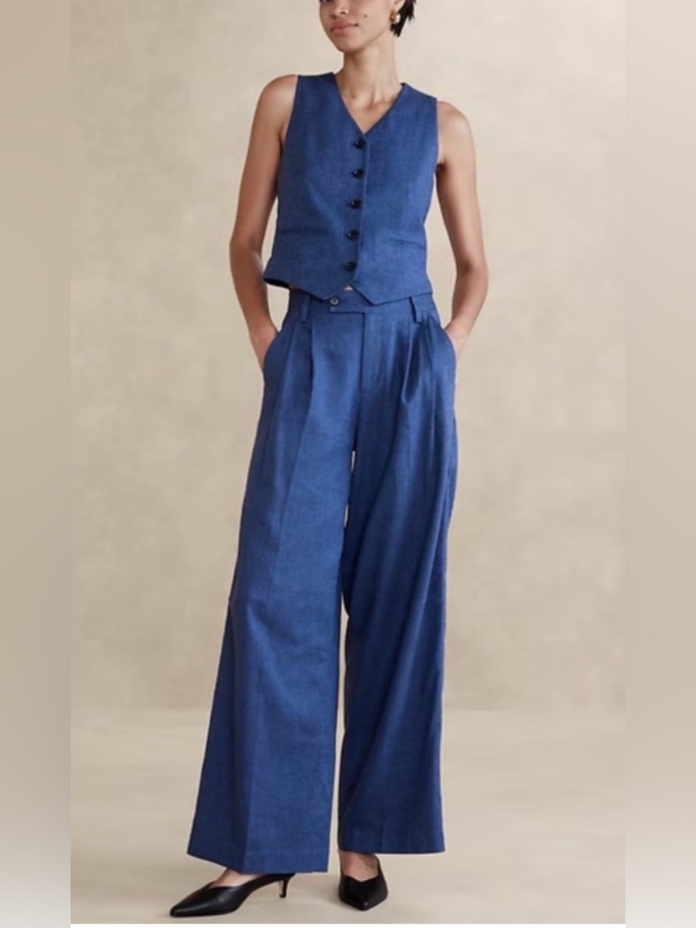 NWT Banana Republic Blue Linen-Blend Wide-Leg Pleated Trous - Picture 1 of 10